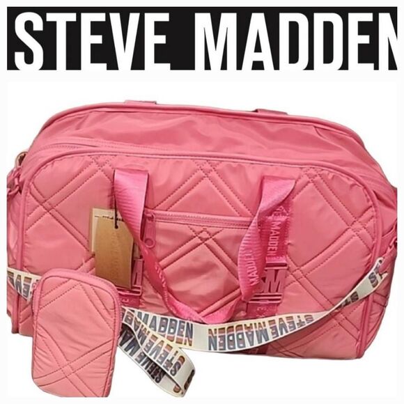 Steve Madden BMusa Quilted Duffel Bag w/Detachable Cell Holder bag- Bright Pink
